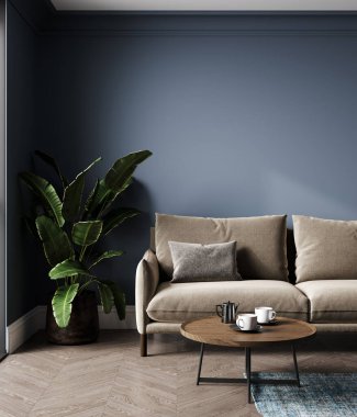 Modern mavi oturma odası iç dizaynı kahverengi kanepe, 3 boyutlu.