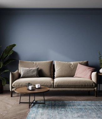 Minimalist mavi oturma odasının içi kahverengi kanepe, bitki, kahve masası, parke döşeme, lüks, İskandinav tarzı iç dekorasyon, 3D