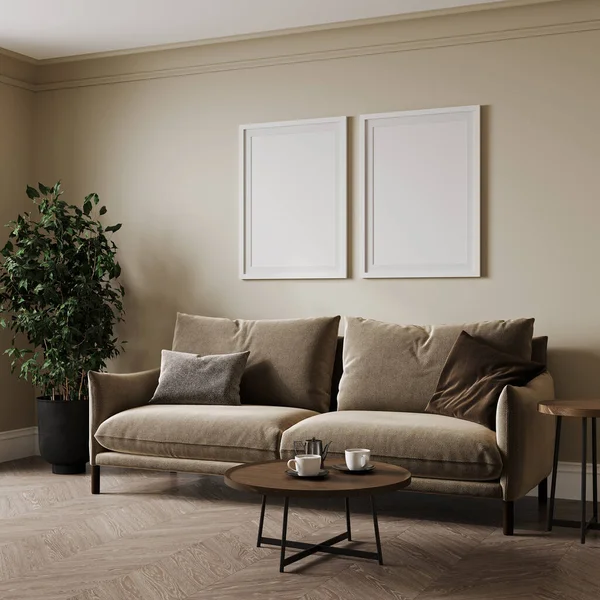 两个空白的框架模型在白色的墙壁上 房间里有米黄色的沙发和装饰 3D渲染 — 图库照片