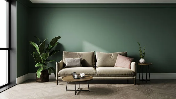 Home interior mock-up with green wall and gray sofa, table and decor in living room, 3d render