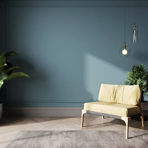 Zeitgenössischer Salon Minimalistischen Stil Mit Leerer Blauer Wand Und Gelbem — Stockfoto