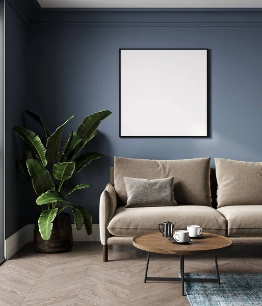 用棕色沙发在豪华室内装饰的蓝色墙壁上做空的招贴画框架 用现代室内装饰做框架 3D渲染 — 图库照片
