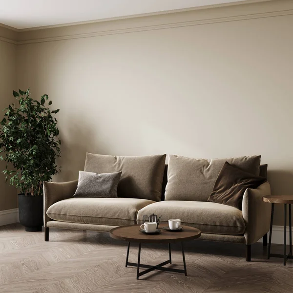 有米黄色沙发 植物和咖啡桌装饰的明亮客厅的风格内饰 客厅的室内模拟 具有明亮日光的现代设计室 3D渲染 — 图库照片