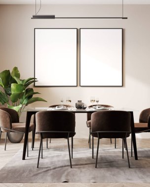 Modern iç mekan, yemek odası, oturma odası, İskandinav tarzı, 3D çizim, 3D resim.