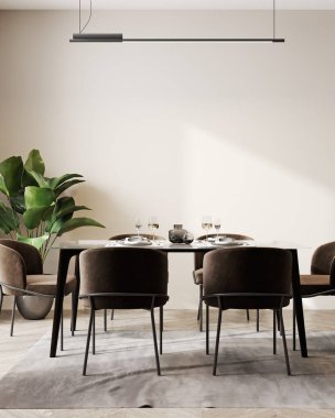 Çağdaş masa ve tabureleri olan modern, parlak beyaz oda içi, boş duvar modeli, İskandinav minimalist tarzı, 3D görüntüleme