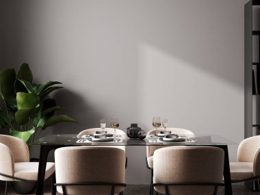 Çağdaş minimalist tasarım, sandalyeli yemek masasının kapağı, beyaz duvar ve beton zemin, masa servisi, 3D görüntüleme