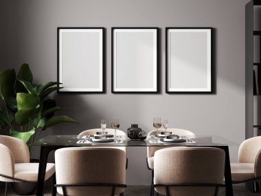 poster üç çerçeve modern yemek odasında siyah masa ve sandalyeler ve güneş ışınları ile gri duvar, minimalist stil, İskandinav, 3D görüntüleme 