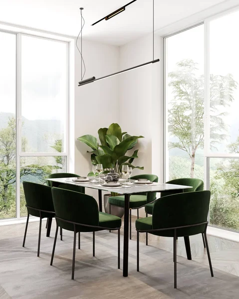 Stylish dining room with forest view, 3d rendering