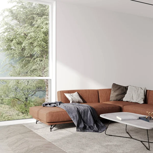 斯堪的纳维亚风格客厅室内模拟 现代客厅室内背景 米黄色沙发和潘帕斯草 3D渲染 — 图库照片