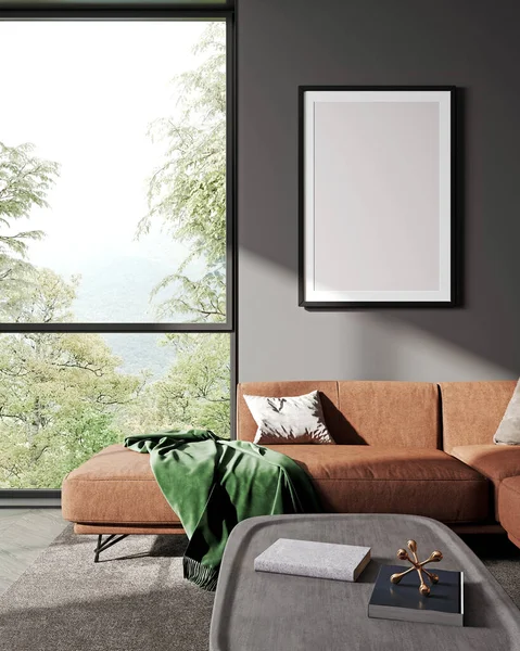 mock up poster frame in Luxury dark living room interior background, black empty wall mock up, modern living room with yellow sofa and black lamp and table, bright colors interior, 3d rendering