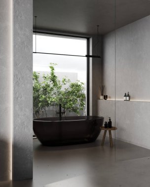 Modern banyo içi cam küvet, büyük pencere ve banyo aksesuarları, tavan arası, 3 boyutlu döşeme.