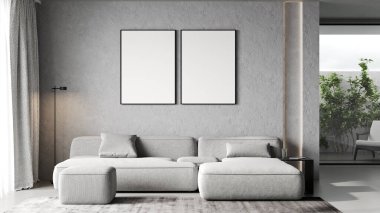 Minimalist yatak odasının iç kısmında iki poster modeli, gri tonlar, 3D görüntüleme.