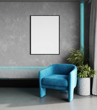 Minimalist oturma odasındaki büyük dikey model poster çerçevesi gri beton duvarlı, neon ışıklı ve mavi koltuklu, 3D işlemeli.