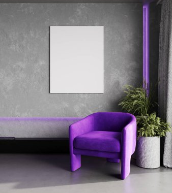 Çatı katının içinde parlak mor koltuklu ve neon ışıklı 3D çizimli poster çerçevesi.