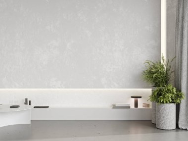 Duvar maketi, çatı katı beyaz beton oturma odası iç plan, 3D çizim