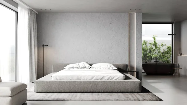 大きなベッドルームとコンクリート壁 3Dレンダリングとミニマリストの寝室のインテリアデザイン — ストック写真