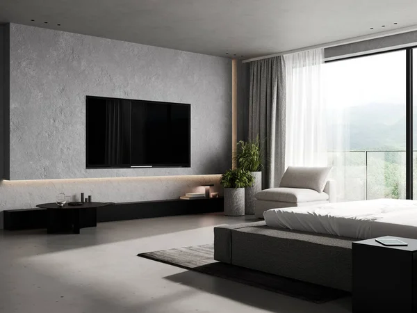 Wall with TV in modern bedroom interior with big window and bed, 3d rendering