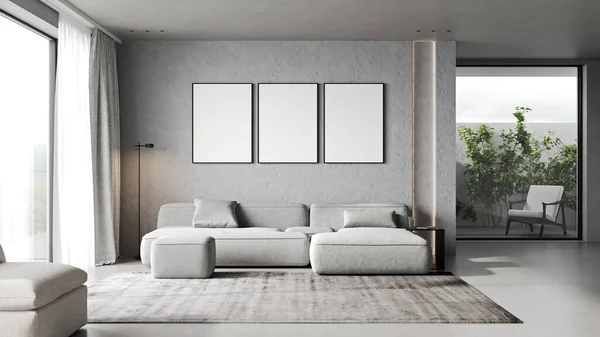Oturma odasının iç tarafındaki gri beton duvarda boş poster çerçeveleri modern mobilyalar ve büyük pencereler, gri kanepe, tavan arası, 3D çizim.