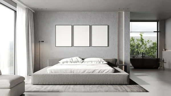 poster frames mock up in modern bedroom interior in gray tones, 3d rendering