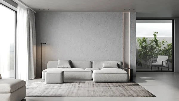 Mobilyalı modern oturma odası, 3 boyutlu.