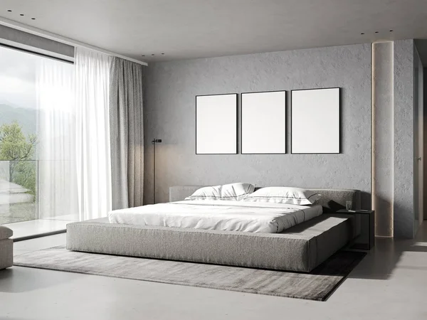 モックアップポスターライトコンクリート壁に居心地の良いベッド スタイリッシュな背景 3Dレンダリング — ストック写真