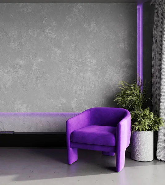 Stylish interior with purple neon lighting, and bright armchair, 3d rendering