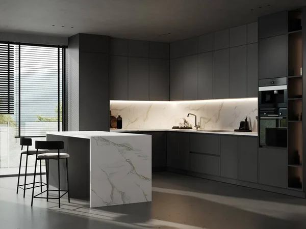 Minimal style black kitchen, 3d rendering