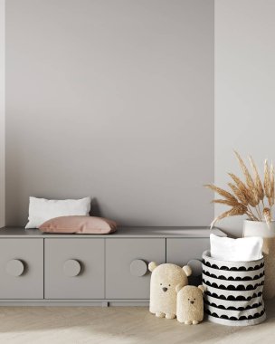 Cozy nursery interior wall background, Scandinavian style, 3D render
