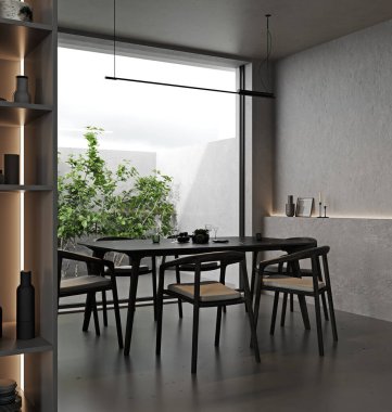 Yemek alanı ve penceresi olan koyu renk bir mutfak, 3 boyutlu.