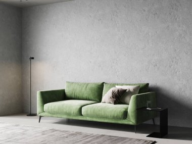 İç dekorasyonda beton duvar modeli, yeşil kanepe, 3 boyutlu.