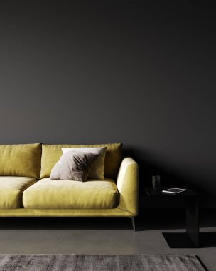 Siyah oturma odası, sarı kanepe, minimalist endüstriyel stil, 3 boyutlu.