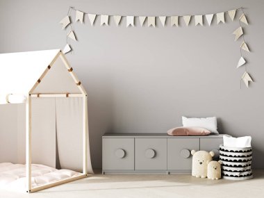 Children playroom interior in country style with tent, soft pillows and toys, stylish kids room interior, wall mock up, 3d rendering