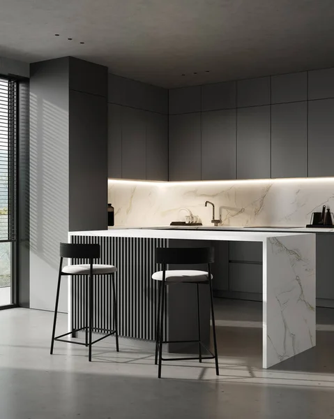 Modern Dark Grey Kitchen Interior Rendering — стоковое фото