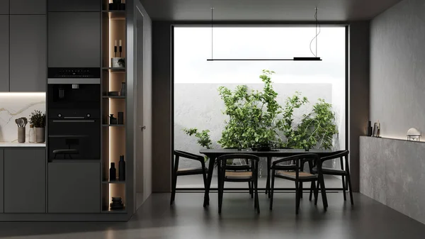 带有就餐区和窗户的现代厨房内部 3D渲染 — 图库照片