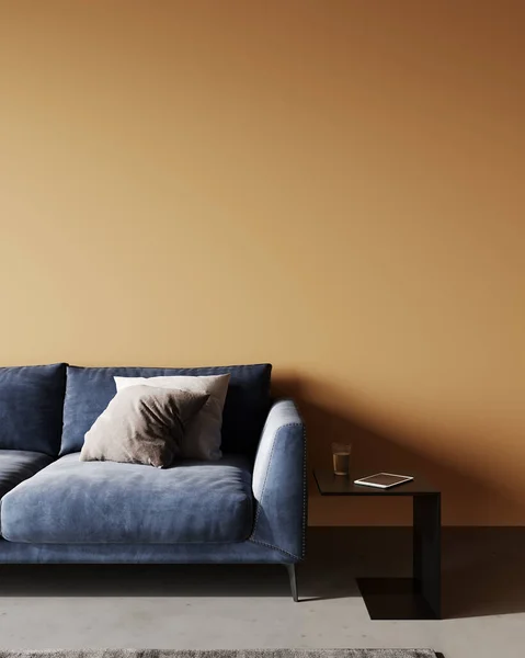 橙色房间内部 客厅内部模型 空橙色墙壁和蓝色沙发 3D渲染 — 图库照片