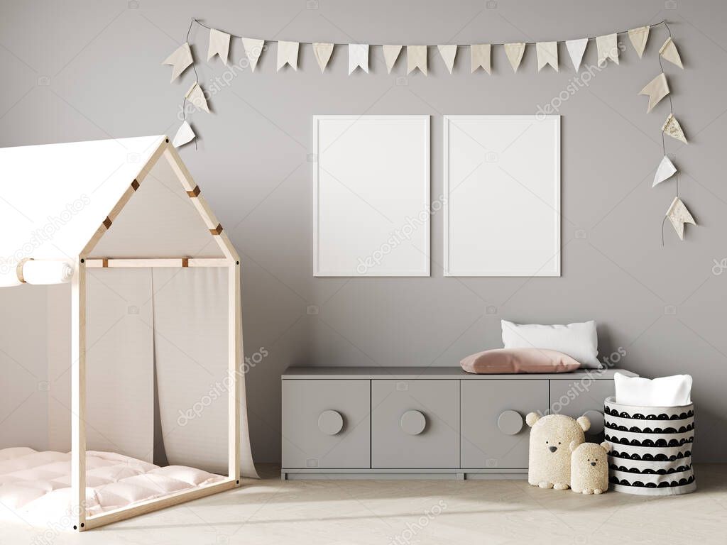 Blank poster frames mock up on gray wall in nursery room interior background with baby bedding, soft toys, garland flags, 3d rendering