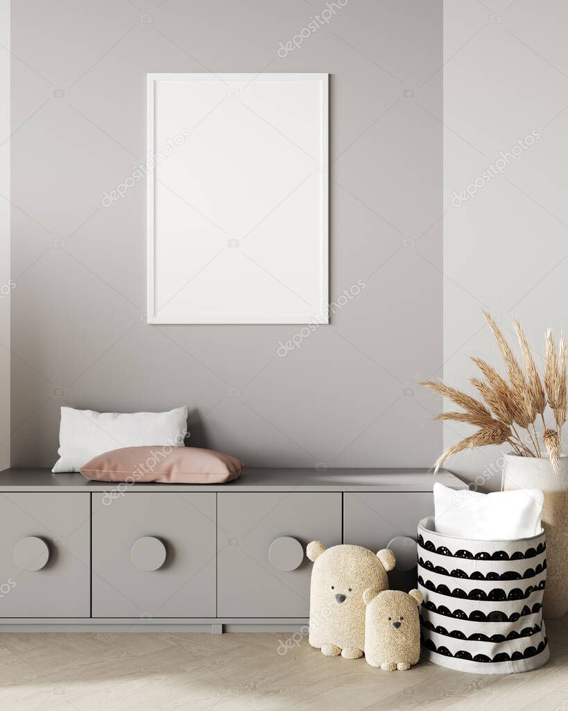 Mock up poster frames in light gray children room background, 3d render