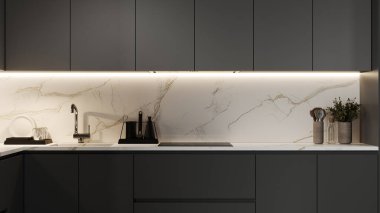 Close up in dark kitchen interior, Scandinavian style, panoramic background, 3d render