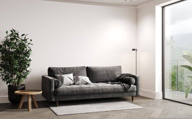 Beyaz minimalist oturma odası, gri kanepe, büyük pencere ve dekorasyon, 3 boyutlu.
