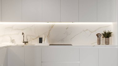 Mutfak dolapları beyaz renkli, modern mutfak içi mermer kaplı, 3 boyutlu.