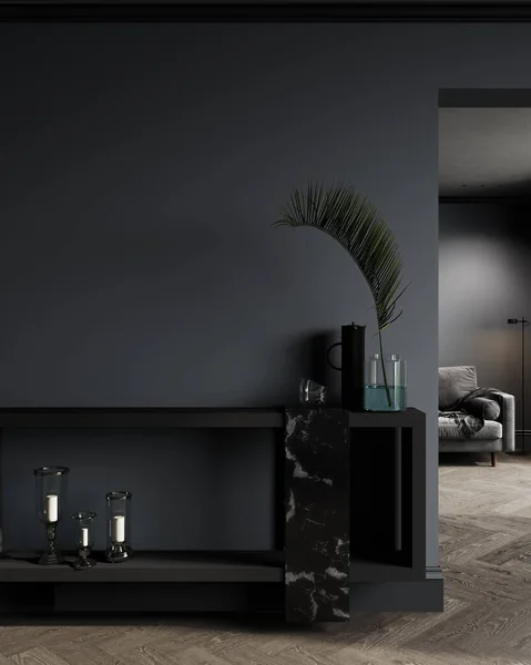 Dark black wall mockup with black console and decoration, luxury interior design, 3d rendering