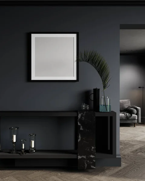 Square Frame Dark Living Room Interior Design Modern Chest Drawer — Zdjęcie stockowe