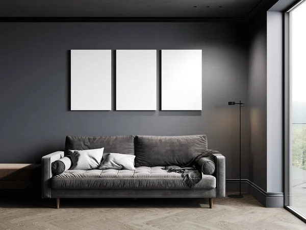 mock up poster frame in Luxury dark living room interior background, black empty wall mock up, modern living room with gray sofa and black lamp and pouf, 3d rendering