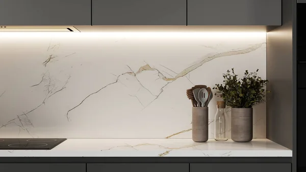 Kitchen cabinets in dark gray color, modern kitchen interior with marble, 3d render