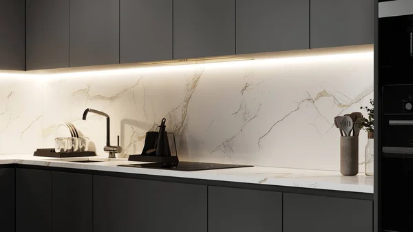 Modern luxury kitchen interior design, close up, 3d rendering