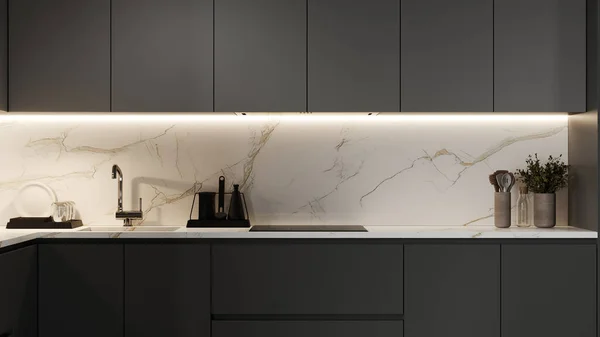 Close up in dark kitchen interior, Scandinavian style, panoramic background, 3d render