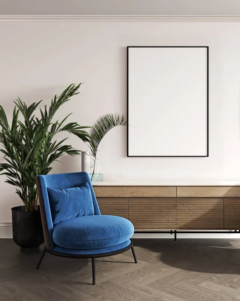 Mock Poster Frame Modern Interior Background Blue Armchair Plant Room — 스톡 사진
