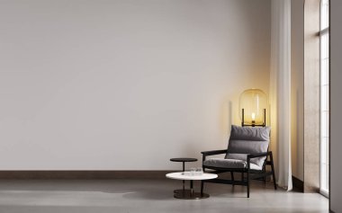 Bej duvarlı oda ve gri modern koltuklu beton zemin. Parlak oda iç mimarisi. Model için boş oda. 3d oluşturma.
