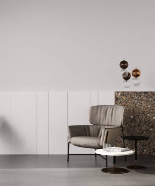 Evin içi, lüks, modern, aydınlık oturma odası içi, bej, boş duvar maketi, 3 boyutlu.