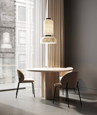 Modern oturma odasının penceresinin yanındaki yemek odası, 3D görüntüleme